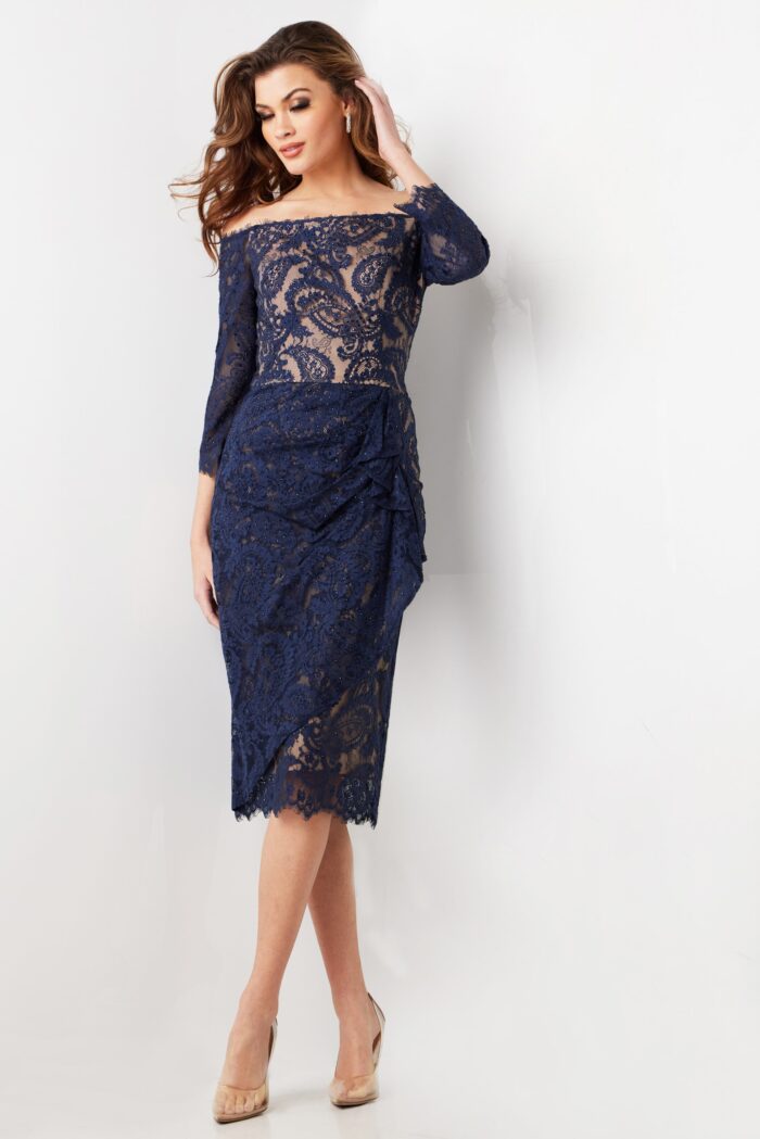 Model wearing Navy Lace Three Quarter Sleeve Evening Dress 23814