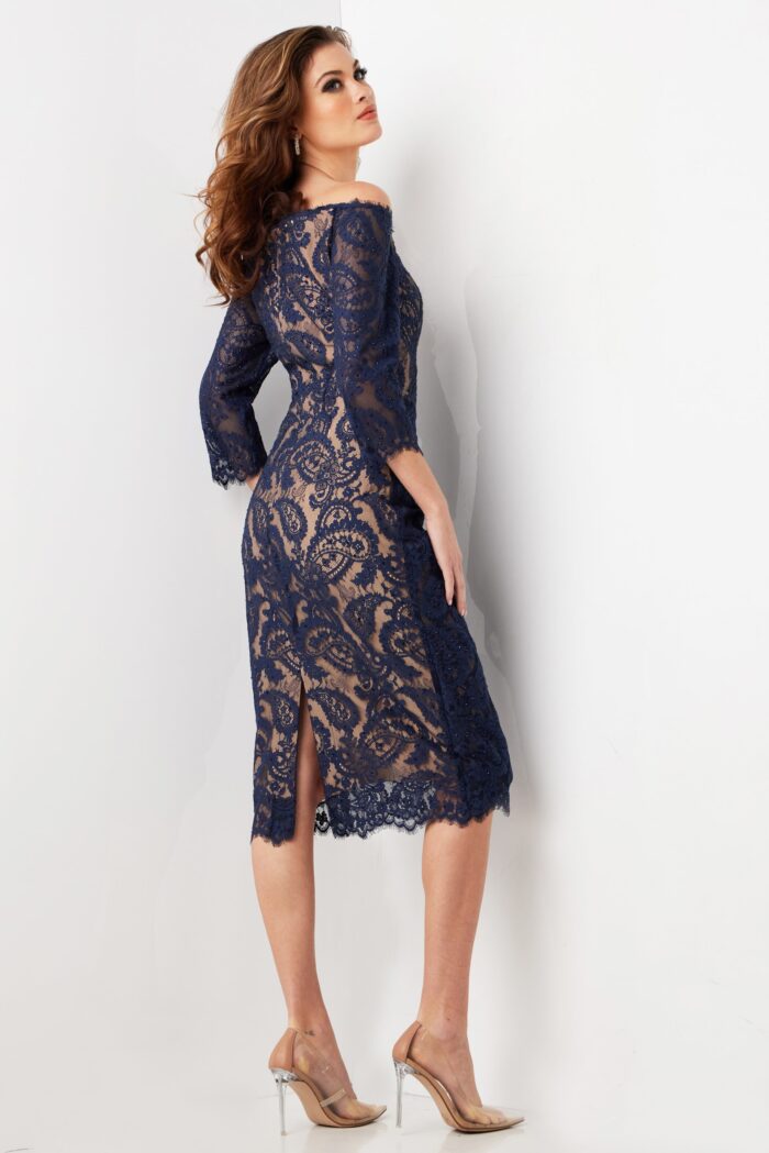 Model wearing Navy Lace Three Quarter Sleeve Evening Dress 23814