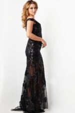 Side view of Jovani 23834 black gown showing off-shoulder neckline