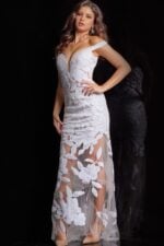 Model in Jovani 23834 white dress with detailed floral motifs