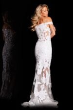 Back view of white Jovani 23834 gown highlighting lace design