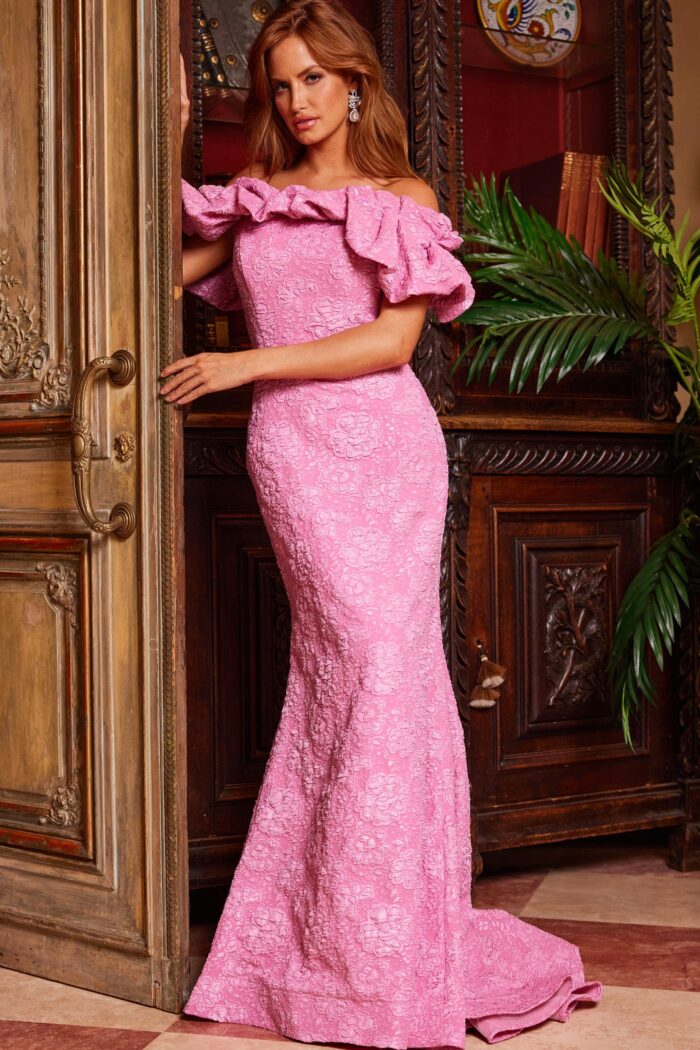 Model wearing Jovani 23847 Pink Floral Off the Shoulder Gown