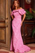 Jovani 23847 pink gown with floral pattern and off-the-shoulder neckline