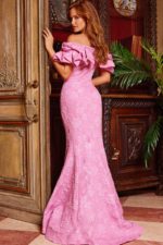 Back view of Jovani 23847 pink gown with elegant floral design