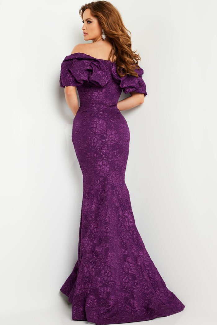 Model wearing Plum Floral Brocade Fitted Dress 23847