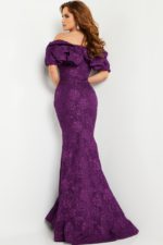 Back view of Jovani 23847 purple gown with ruffled design