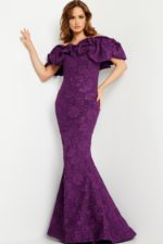 Model wearing Jovani 23847 purple gown with ruffled neckline and mermaid silhouette