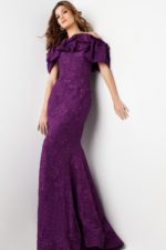 Front view of Jovani 23847 purple dress with floral pattern