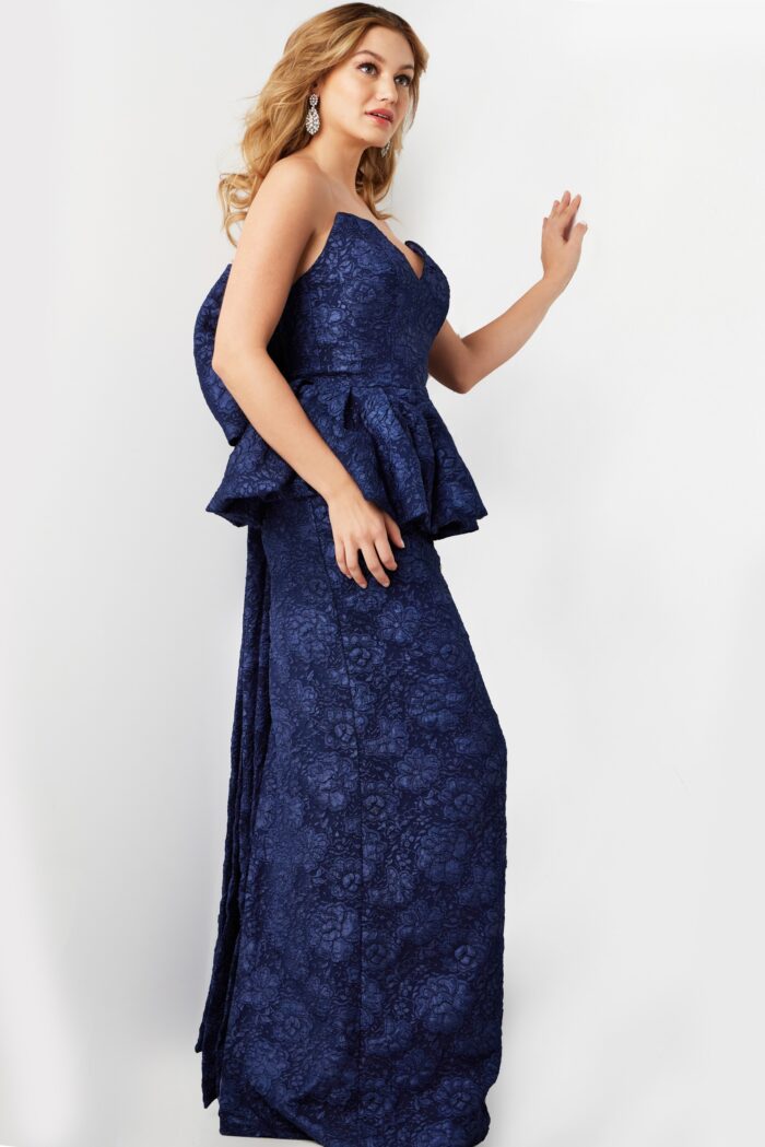 Model wearing Navy Strapless Lace Gown 23849
