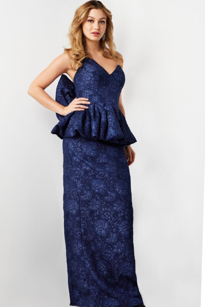 Model wearing Navy Strapless Lace Gown 23849