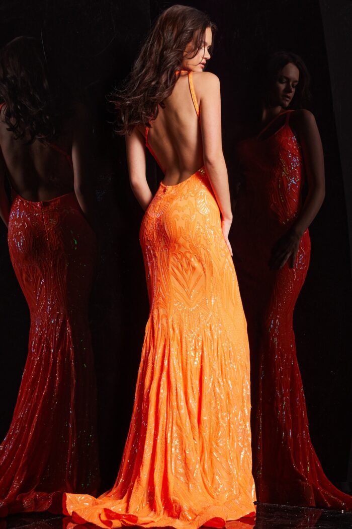 Model wearing Iridescent Orange One Shoulder Sequin Gown 23852
