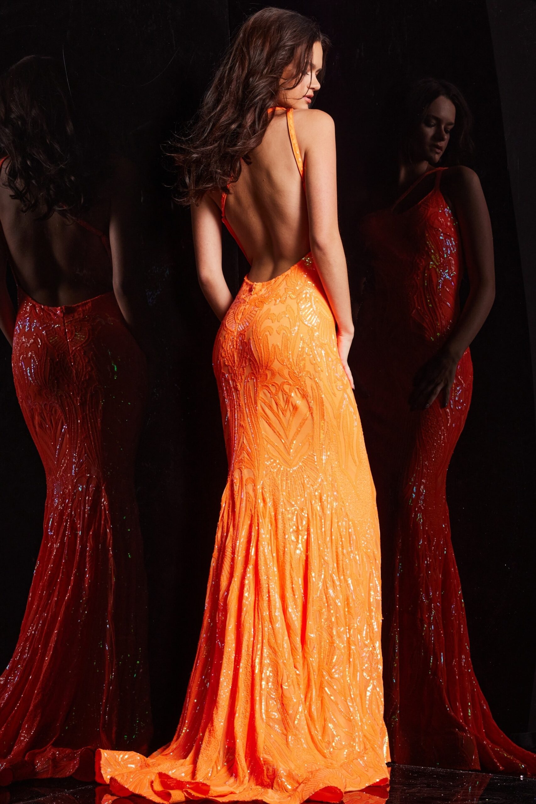 Iridescent Orange One Shoulder Sequin Gown 23852