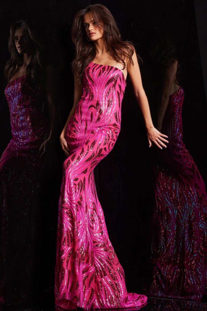 Model wearing Hot Pink Embellished One Shoulder Dress 23876