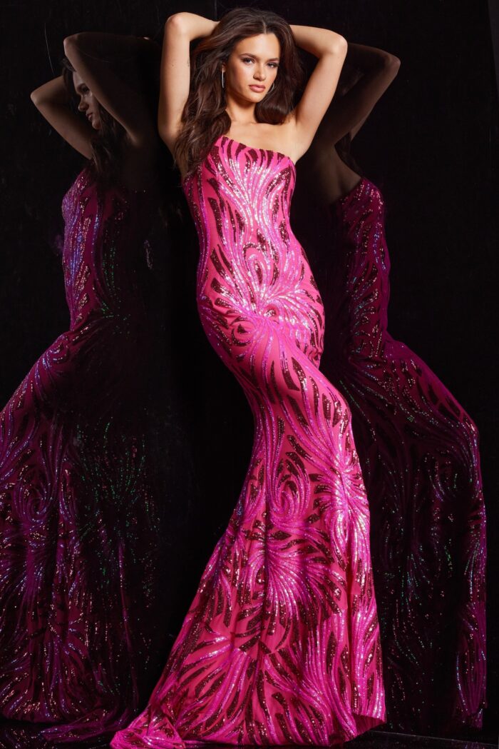 Model wearing Hot Pink Embellished One Shoulder Dress 23876