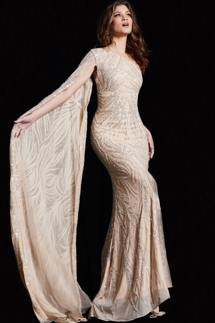 Model wearing Nude Silver One Shoulder Sheath Embellished Gown 23887