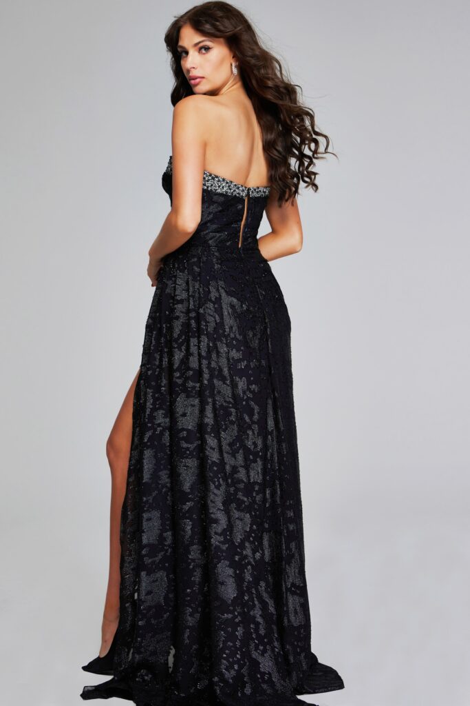 Elegant Black Strapless Gown with Embellished Bodice and Side Slit 23892