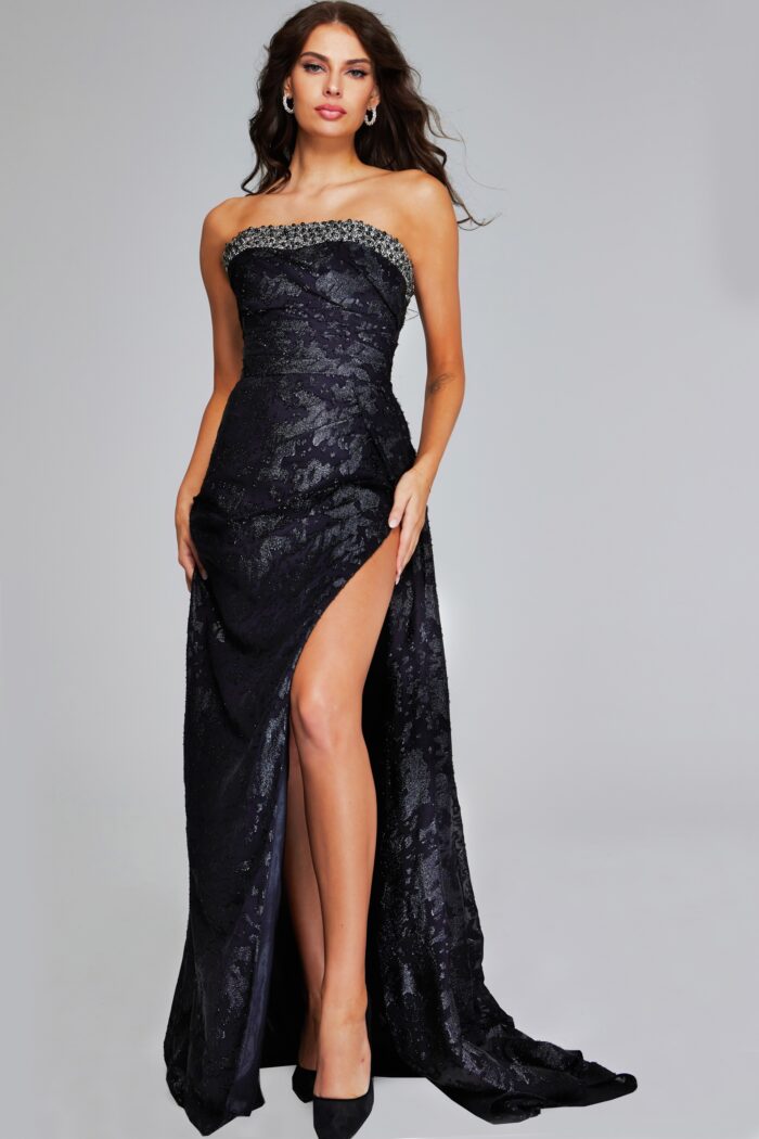 Model wearing Elegant Black Strapless Gown with Embellished Bodice and Side Slit 23892