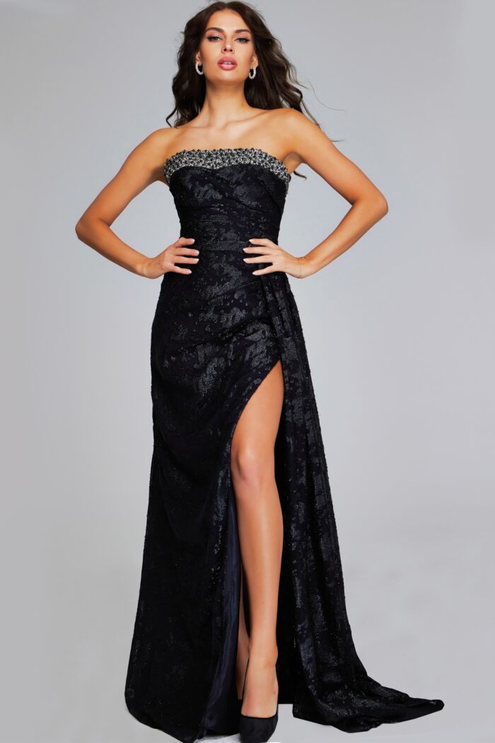 Model wearing Elegant Black Strapless Gown with Embellished Bodice and Side Slit 23892