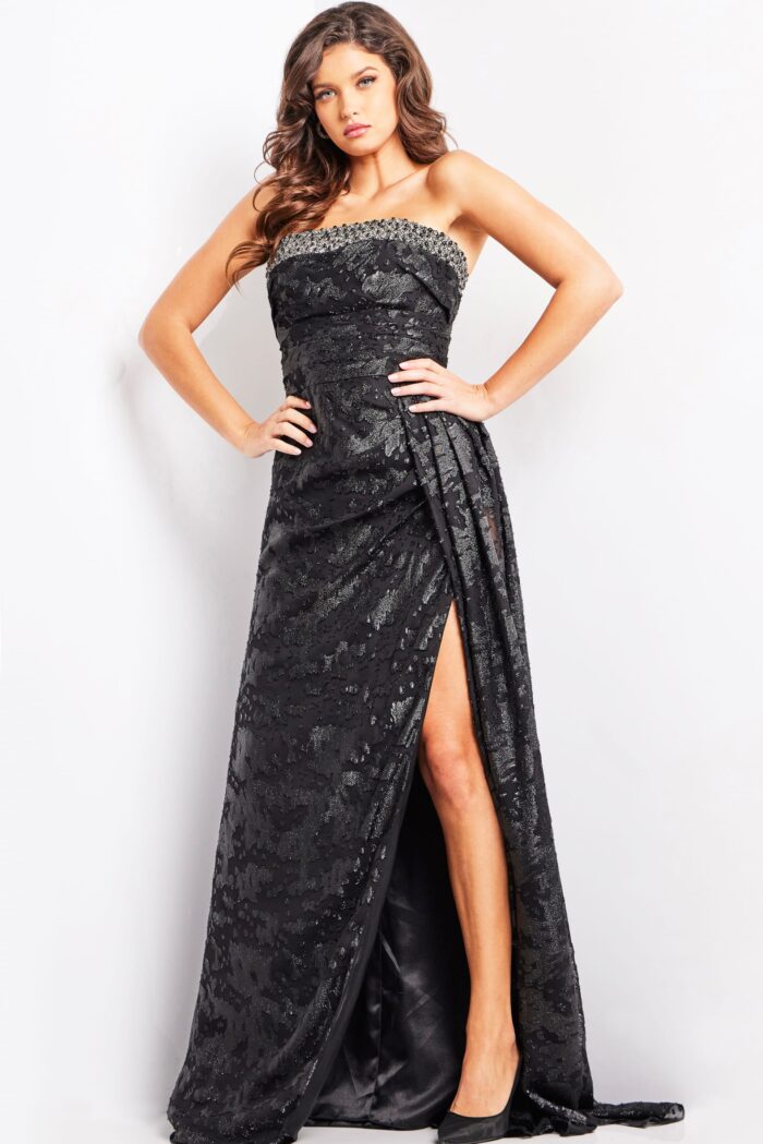 Model wearing Black Strapless High Slit Dress 23892