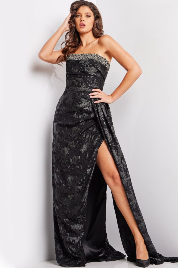 Model wearing Elegant Black Strapless Gown with Embellished Bodice and Side Slit 23892