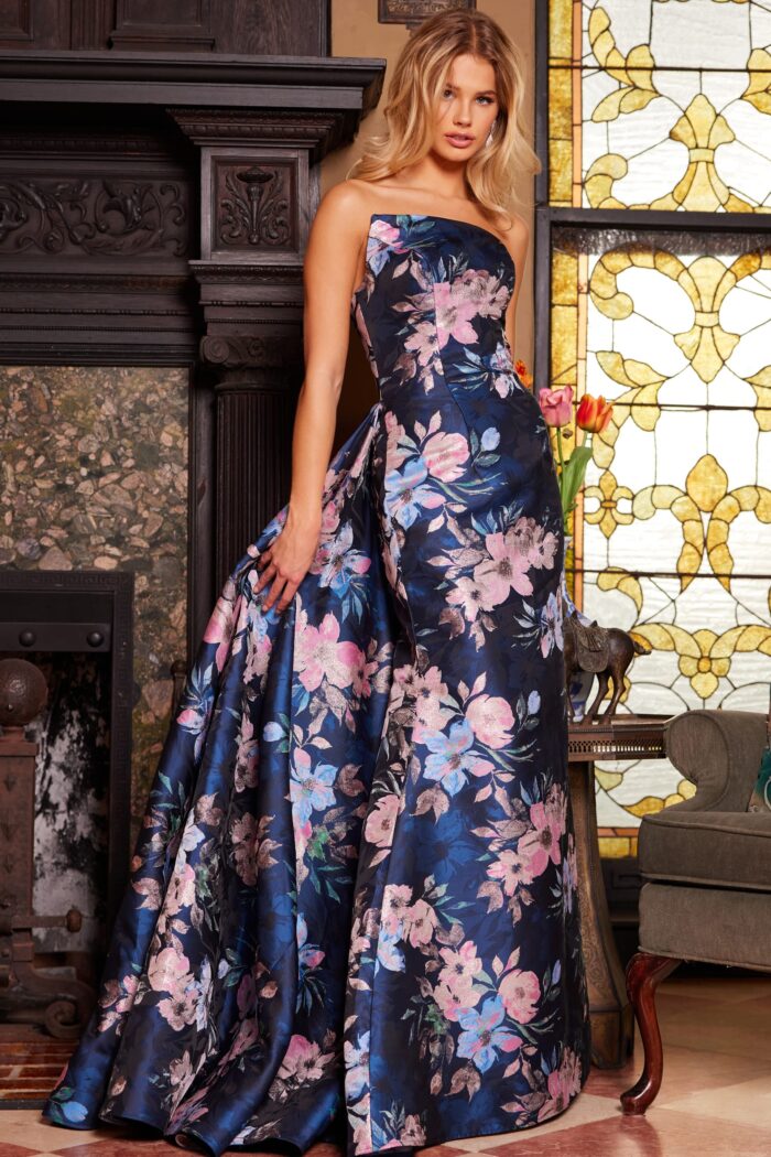 Model wearing Jovani 23893 Navy Multi Floral A Line Gown