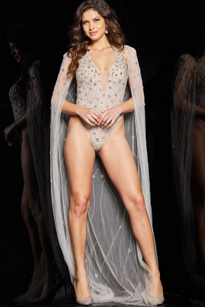Model wearing Nude Beaded Body Suit 23895