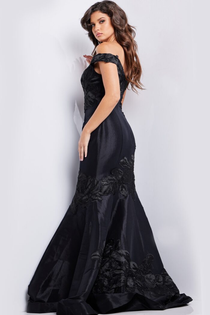 Model wearing Black Off the Shoulder Embroidered Mermaid Dress 23928