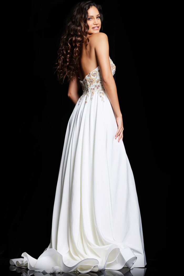 Model wearing Off White Strapless High Slit Evening Gown 23937