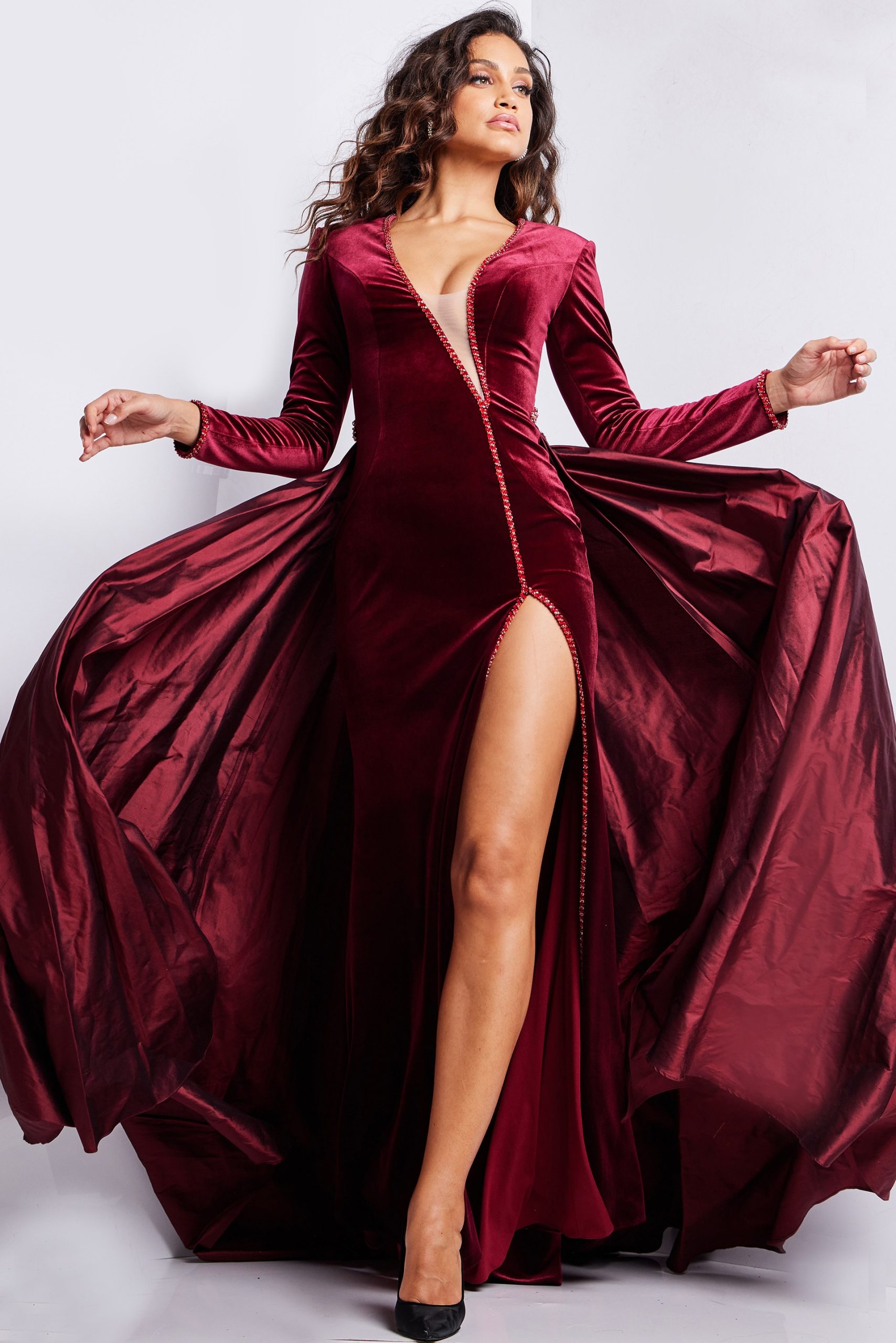 Burgundy Long Sleeve Velvet Dress 23943