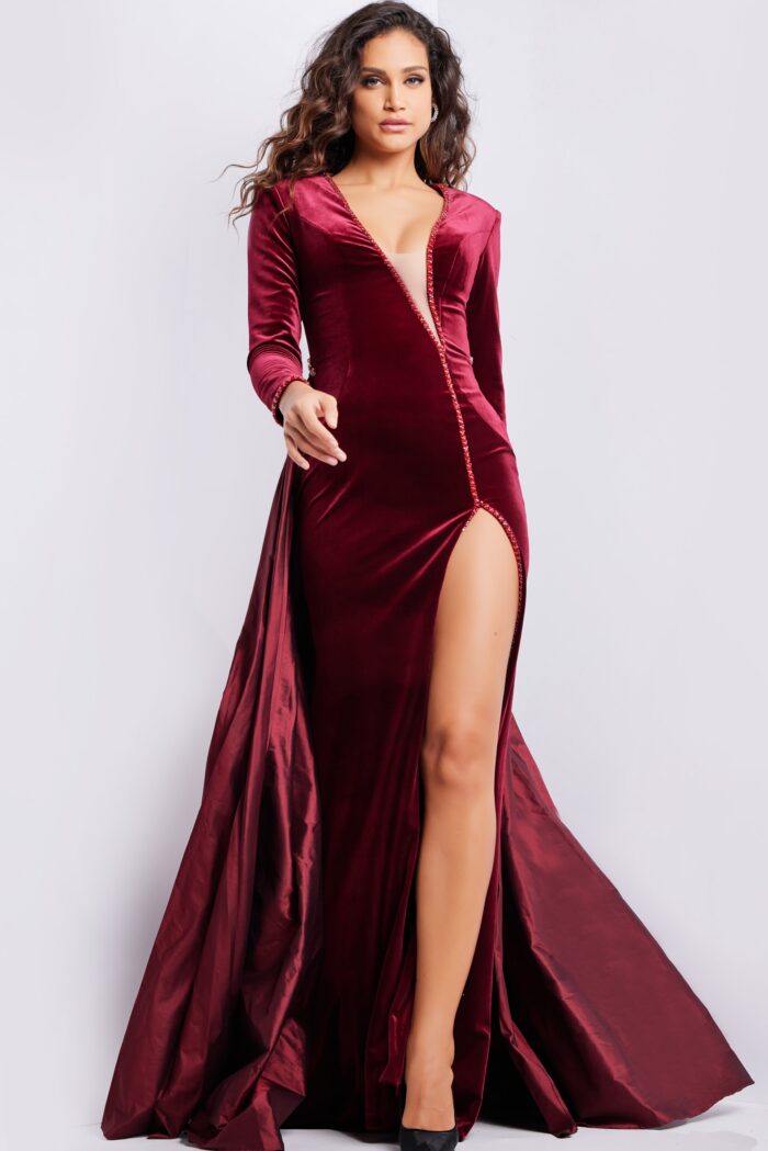 Model wearing Burgundy Long Sleeve Velvet Dress 23943