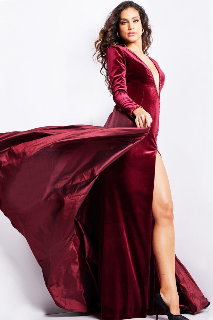 Model wearing Burgundy Long Sleeve Velvet Dress 23943
