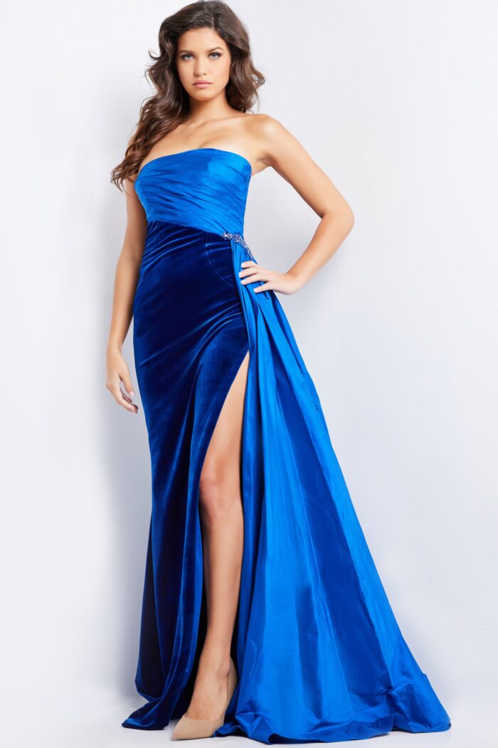 Model wearing Royal Strapless High Slit Evening Gown 23947