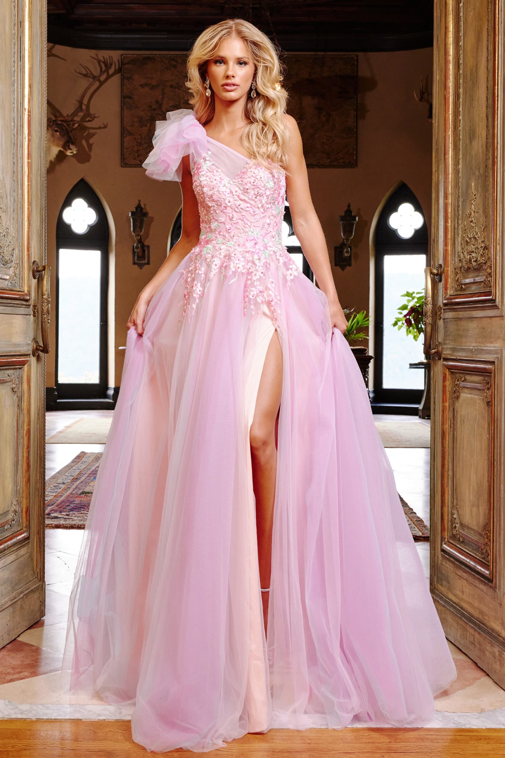 Jovani 23951 Pink Multi High Slit One Shoulder Gown