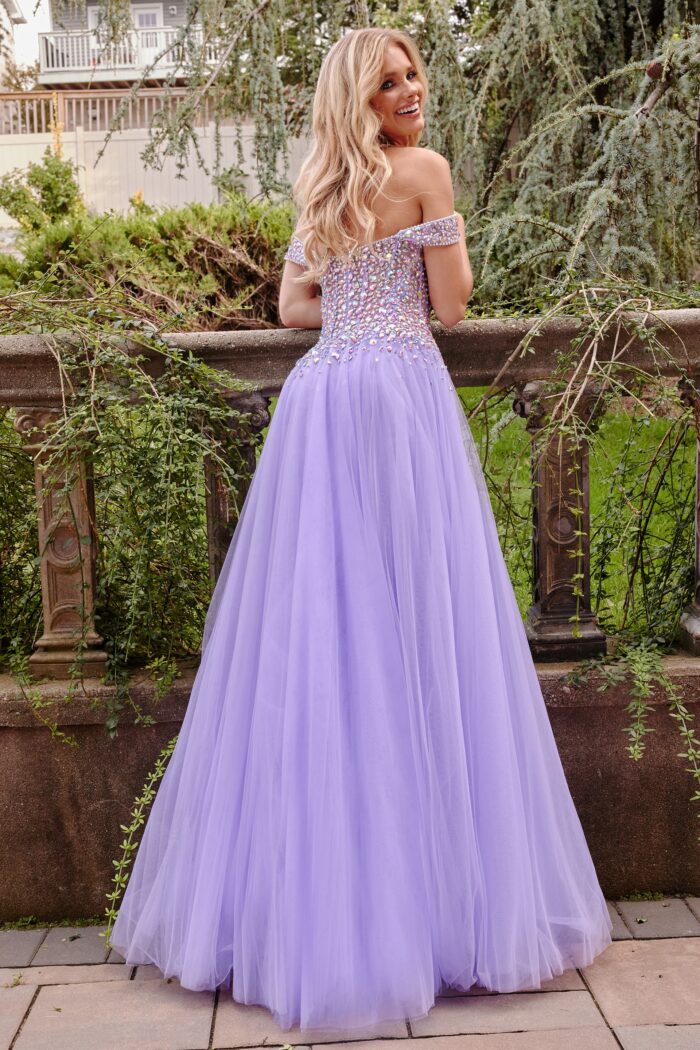 Model wearing Jovani 23963 Lilac Multi Beaded Bodice Tulle Gown