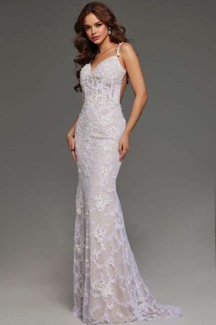 model wearing Jovani 23965 white mermaid gown with lace and floral details