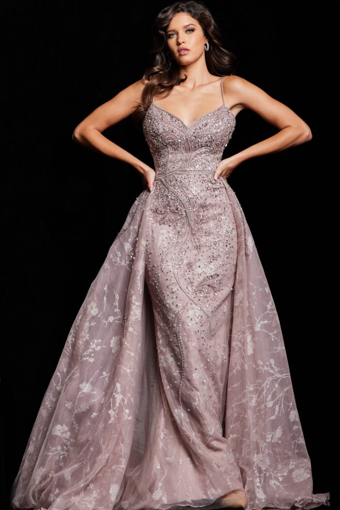 Model wearing Taupe Spaghetti Strap Embellished Dress 24001