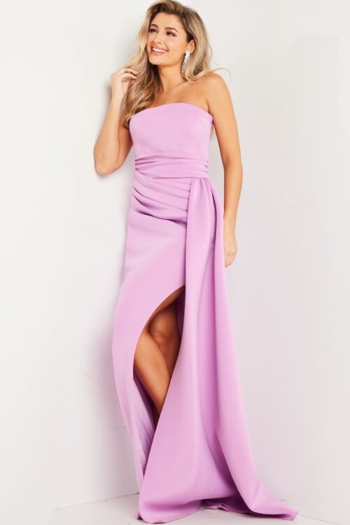 Model wearing Lilac Pleated Waist Strapless Dress 24012