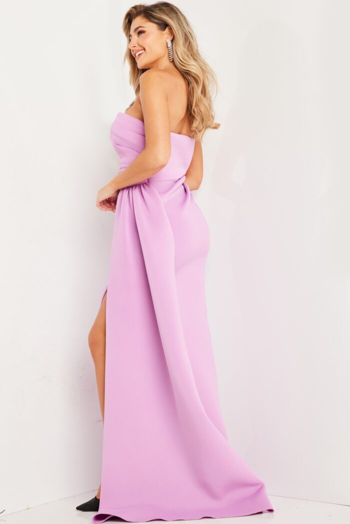 Model wearing Lilac Pleated Waist Strapless Dress 24012