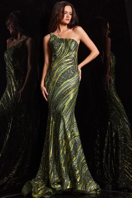 Model wearing Jovani 24031 in green with sequins and asymmetrical neckline, front view.