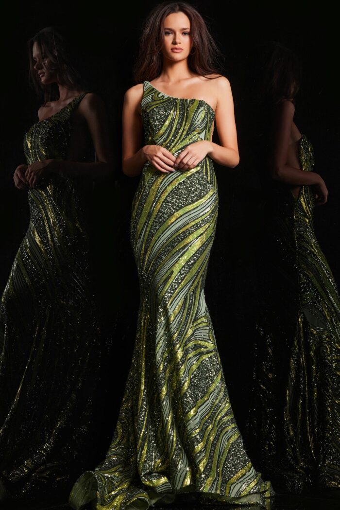 Model wearing Green One Shoulder Beaded Dress 24031