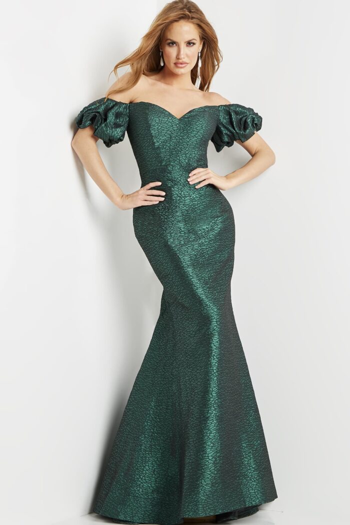 Model wearing Jovani 24044 Green Off the Shoulder Sweetheart Neck Evening Gown