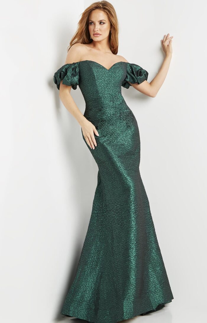 Model wearing Jovani 24044 Green Off the Shoulder Sweetheart Neck Evening Gown