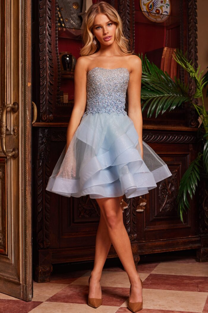 Model wearing Jovani K24050 Ice Blue Fit and Flare Embellished Short Dress