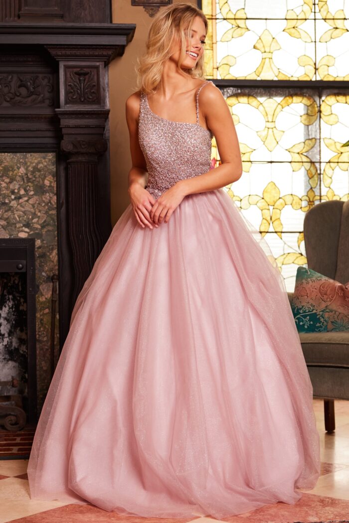 Model wearing Jovani 24051 Ice Pink Embellished Bodice Ballgown