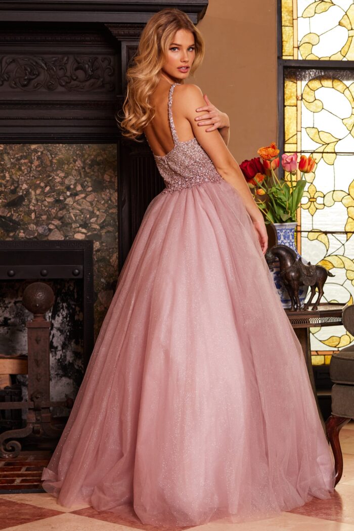 Model wearing Jovani 24051 Ice Pink Embellished Bodice Ballgown