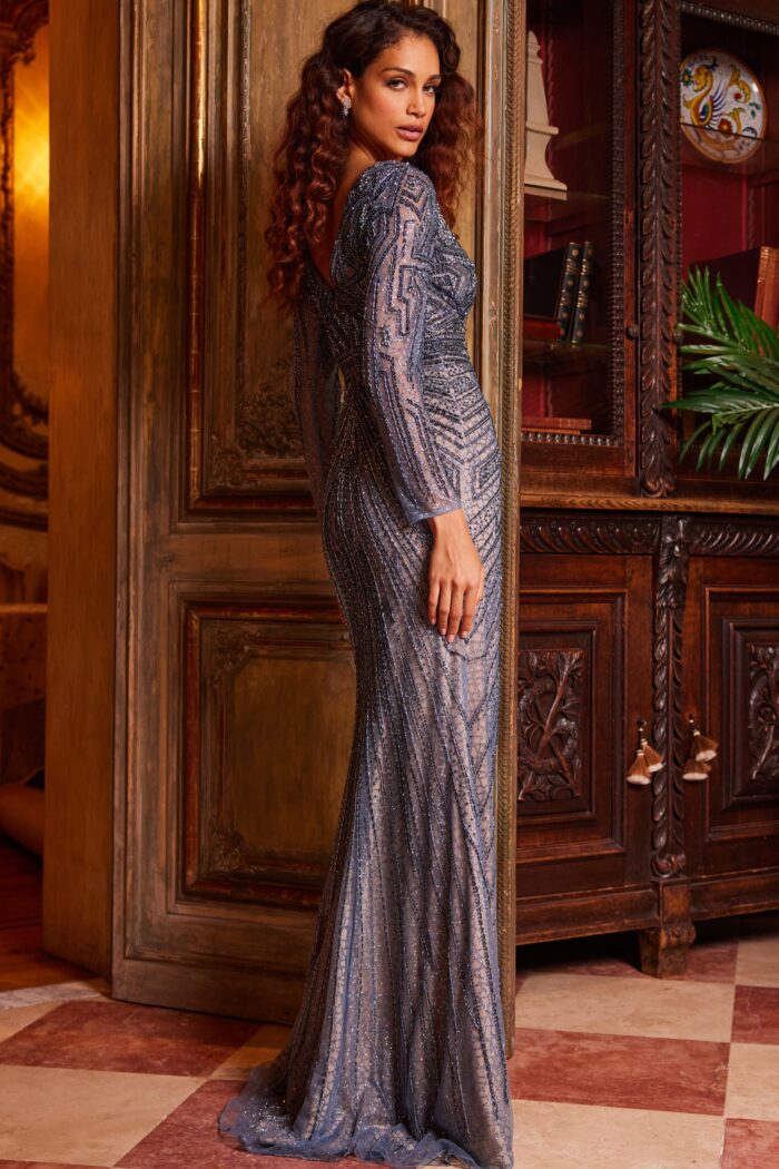 Model wearing Jovani 24052 Slate Embellished Long Sleeve V Neck Dress