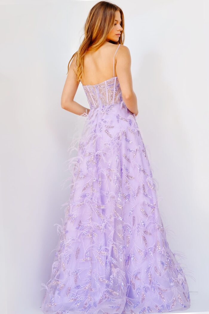 Model wearing Jovani 24078 Lilac Embellished Corset Bodice Gown