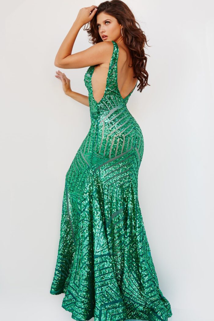 Model wearing Jovani 24097 Emerald V Neck Sheath Sequin special occasion Dress