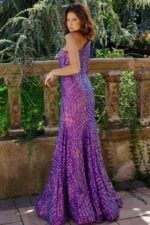 Back view of model wearing Jovani 24098 lilac dress with mermaid silhouette