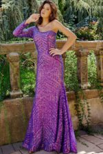 Model wearing Jovani 24098 lilac dress with long sleeve and one-shoulder